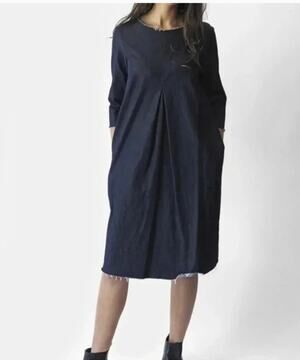 ERICA TANOV Sz 4 Denim Rye Dress 3/4 Sleeve Raw Distressed Edges